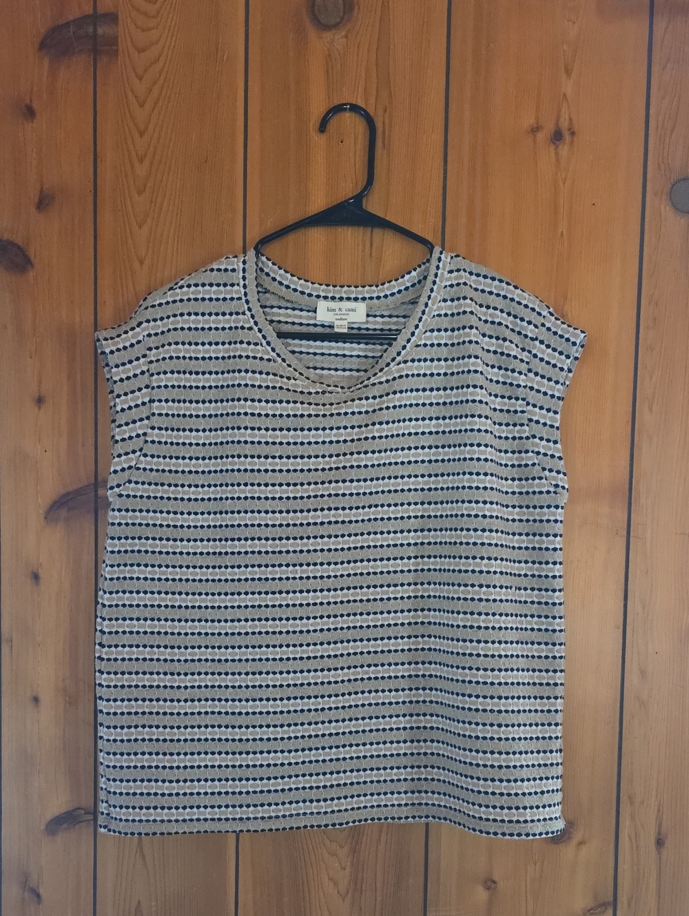 Kim & Cami Navy Dot-Striped Cap Sleeve Tee